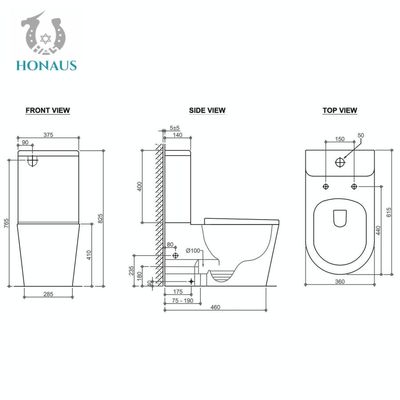 Apartments Black Rimless Toilet Wash Down WC Two Piece Commode No Stains